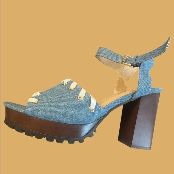 Cato Comfort Denim Whipstitch Chunky Heel Platform Sandals 11W - Picture 3 of 10